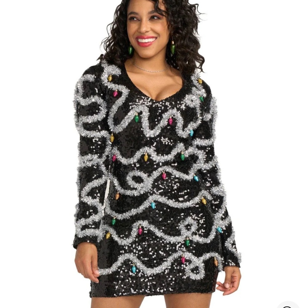 Sequin Christmas String of Lights Tinsel V-Neck Mini Dress